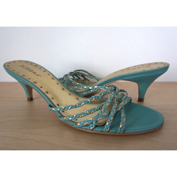 BCBGirls Shoes - BCBG Girls Turquoise Bronze Strappy Kitten Heels